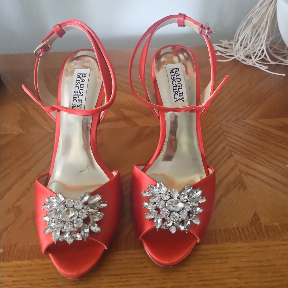 Badgley Mischka Red Satin Heels with Crystal Embellishment